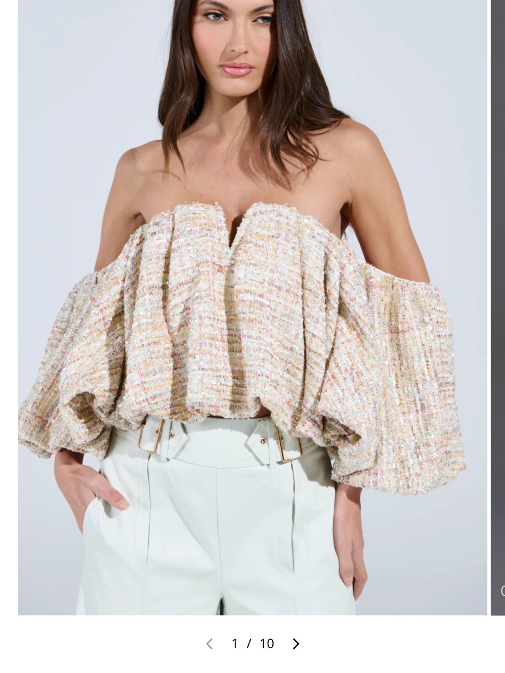 AKIRA Cream Multi-Thread Strapless Off-Shoulder Balloon Sleeve Top